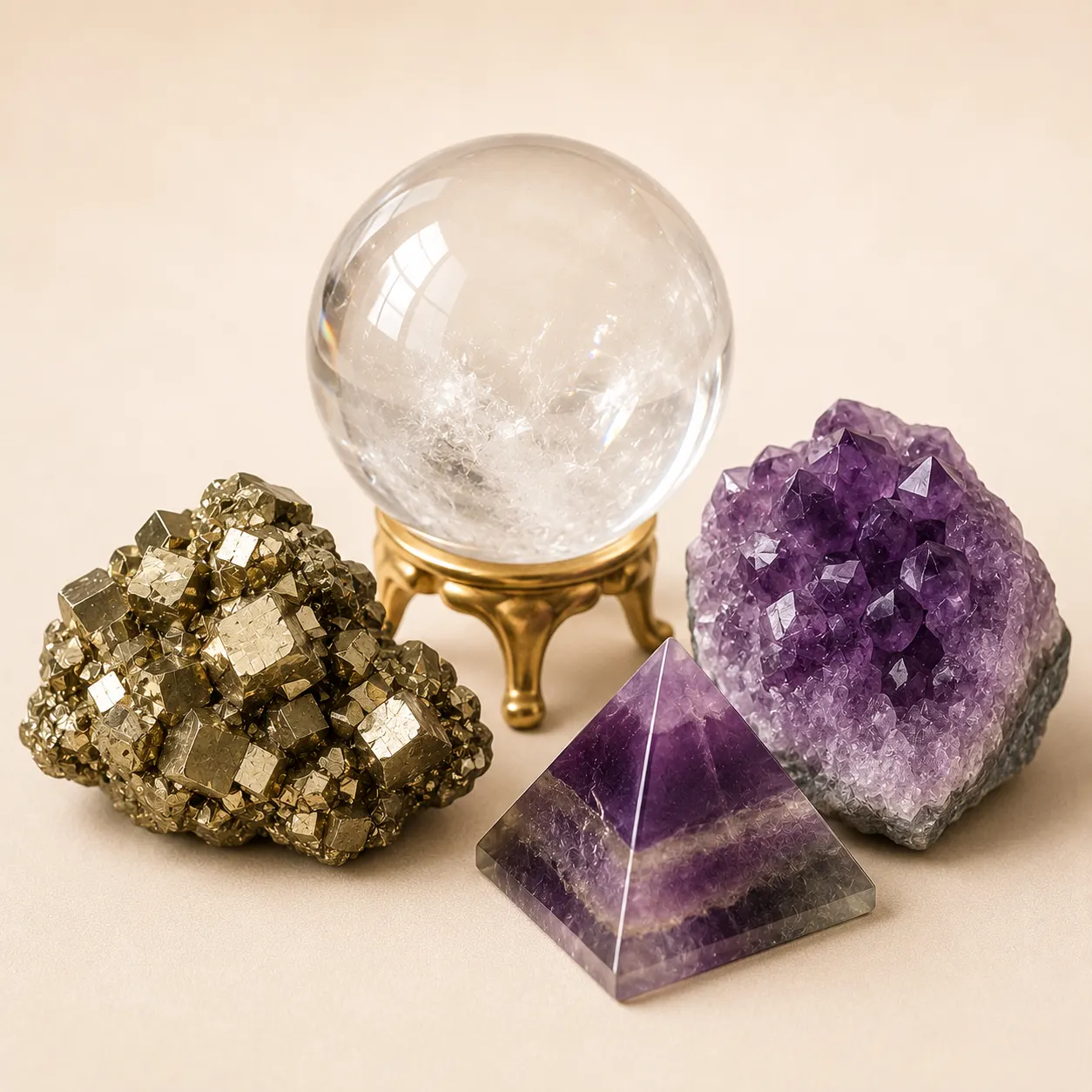 Spiritual Pyramids Crystal Balls and Pyrite Stones